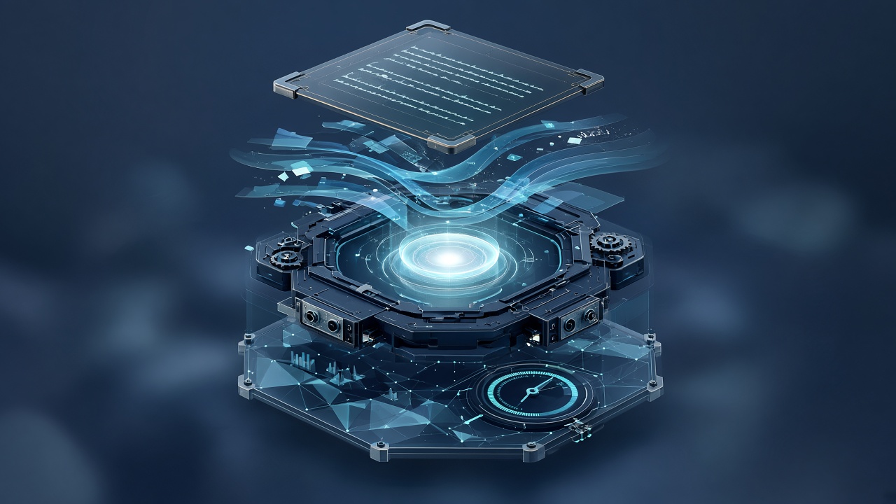 Isometric illustration of an AI agent system: prompt contract, context streams, harness chassis, and eval instrumentation