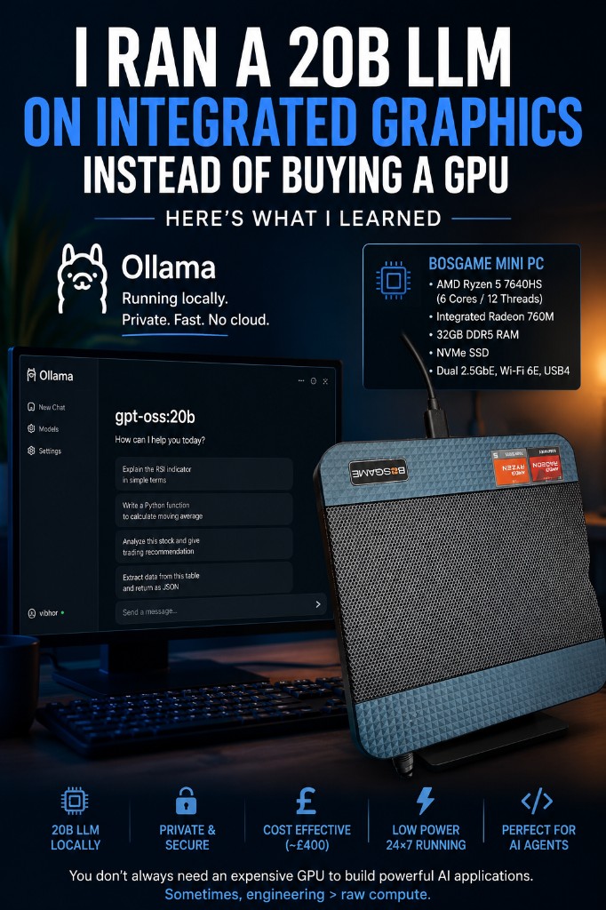Thumbnail: running a 20B LLM on a BOSGAME mini PC with Ollama instead of buying a dedicated GPU