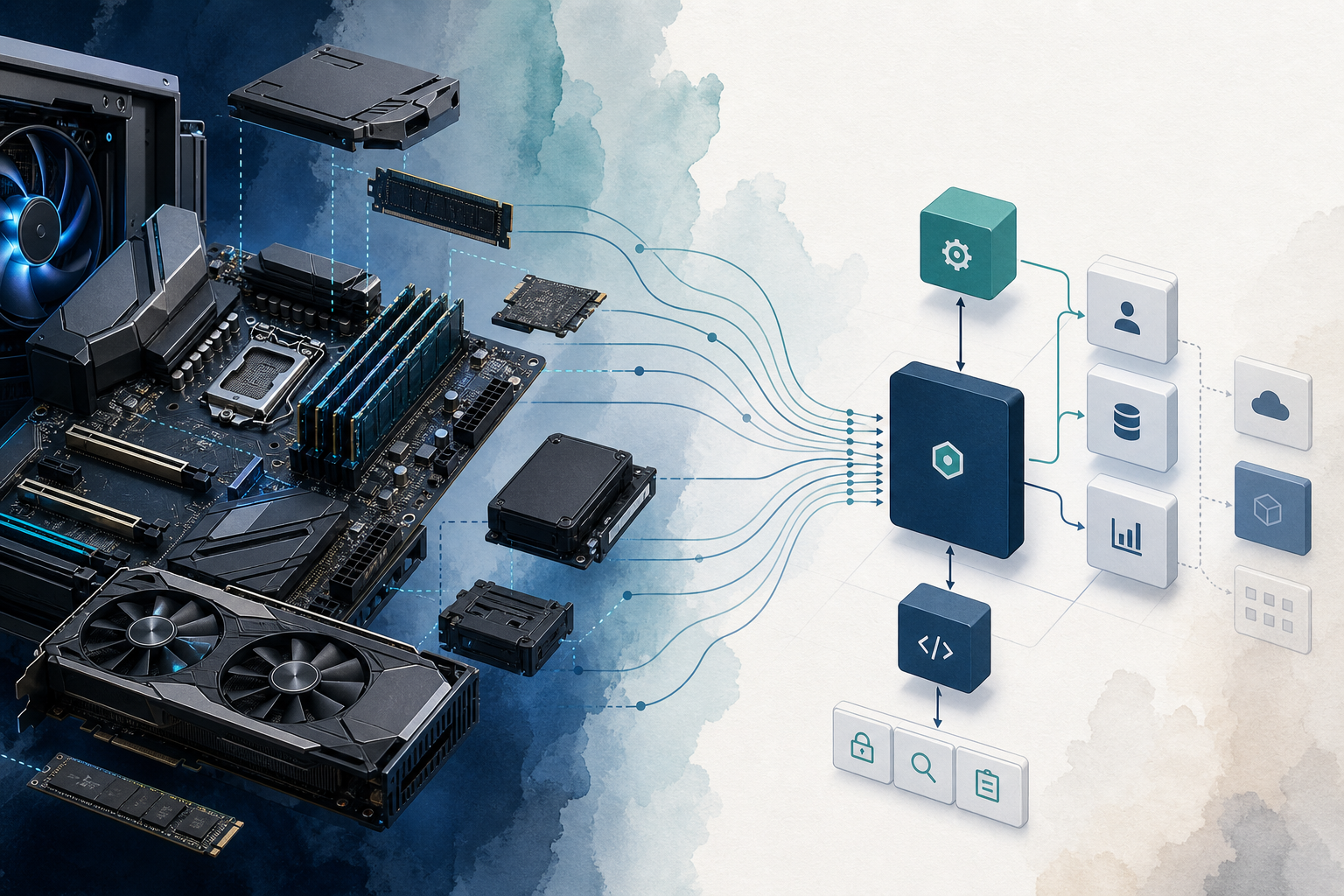 Modular PC motherboard beside composable API and integration architecture blocks