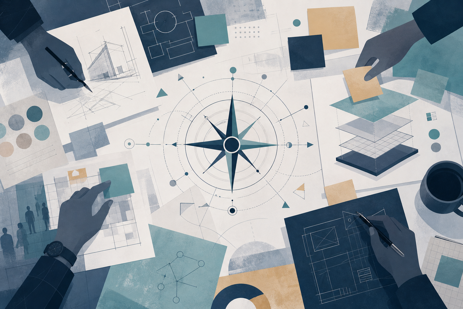 Illustration of a technical discovery workshop with diagrams and notes
