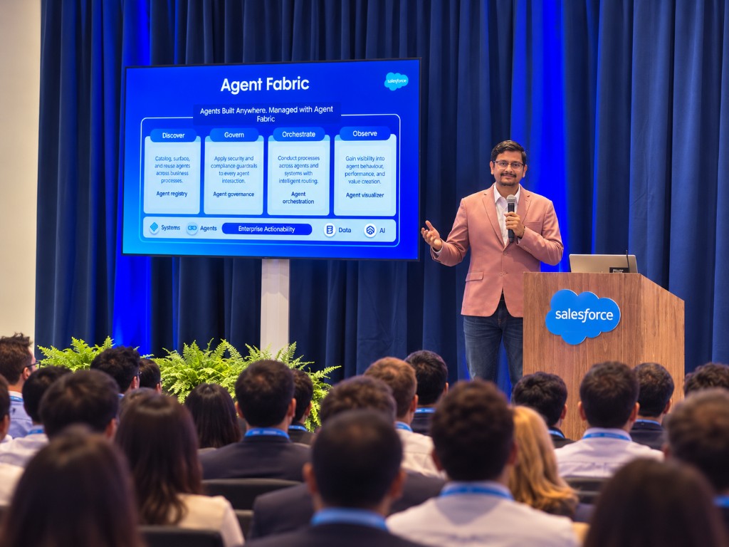 Vibhor Sharma speaking on stage about Salesforce Agent Fabric at a public technology conference